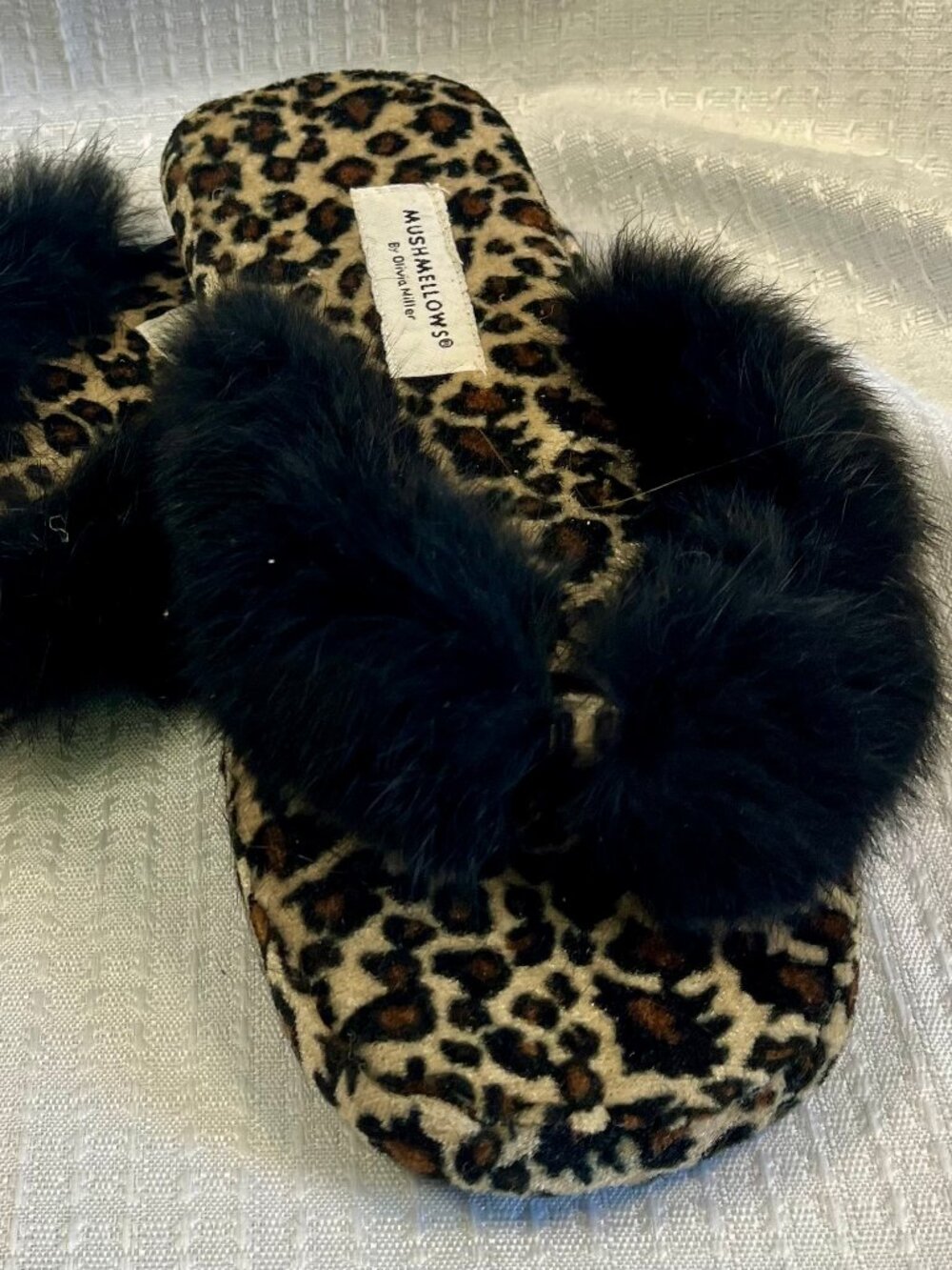 Mushmellows by Olivia Miller Leopard Print Thong Fur Slippers  Plush L